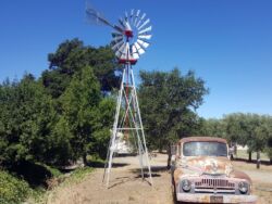 Which is older, the truck or the windmill? windmill and tower next to old truck